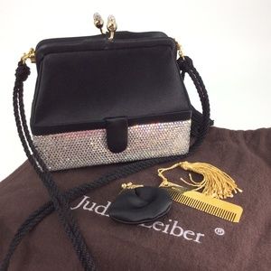 Judith Leiber Silver Crystal & Black Satin Clutch